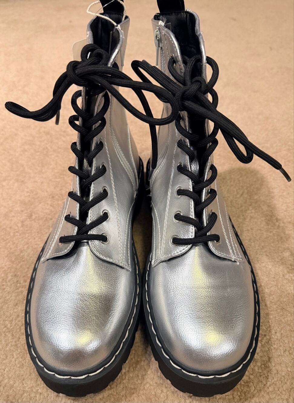 Sincerely Jules Harley-2 Silver Metallic Combat Boots Women Size 8.5 NWT